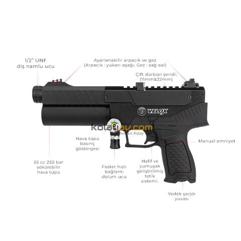 Hatsan Velox Siyah PCP Havalı Tabanca 6.35 mm - Yarı Otomatik