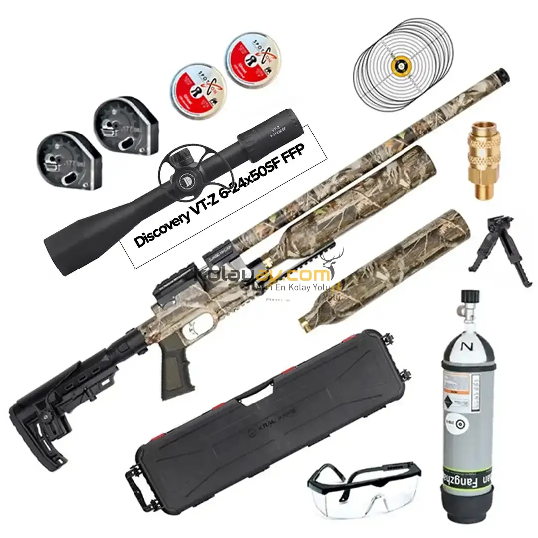 Kral PCP Puncher Jumbo Dazzle Kamuflaj Dürbün+Scuba Havalı Tüfek (Titanium Full Set) 6.35 mm