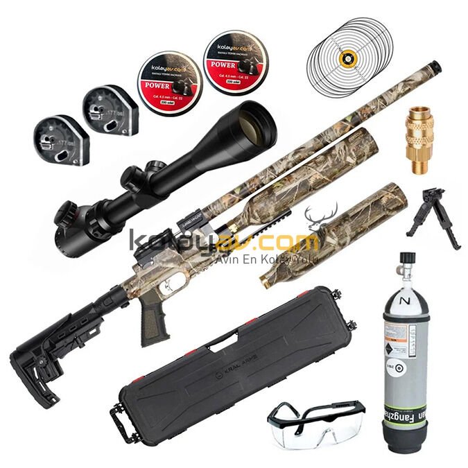 Kral PCP Puncher Jumbo Dazzle Kamuflaj Dürbün+Scuba Havalı Tüfek (Gold Full Set) 4.5 mm