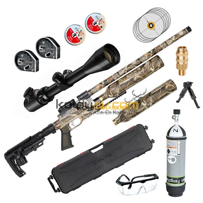 Kral PCP Puncher Jumbo Dazzle Kamuflaj Dürbün+Scuba Havalı Tüfek (Gold Full Set) 6.35 mm