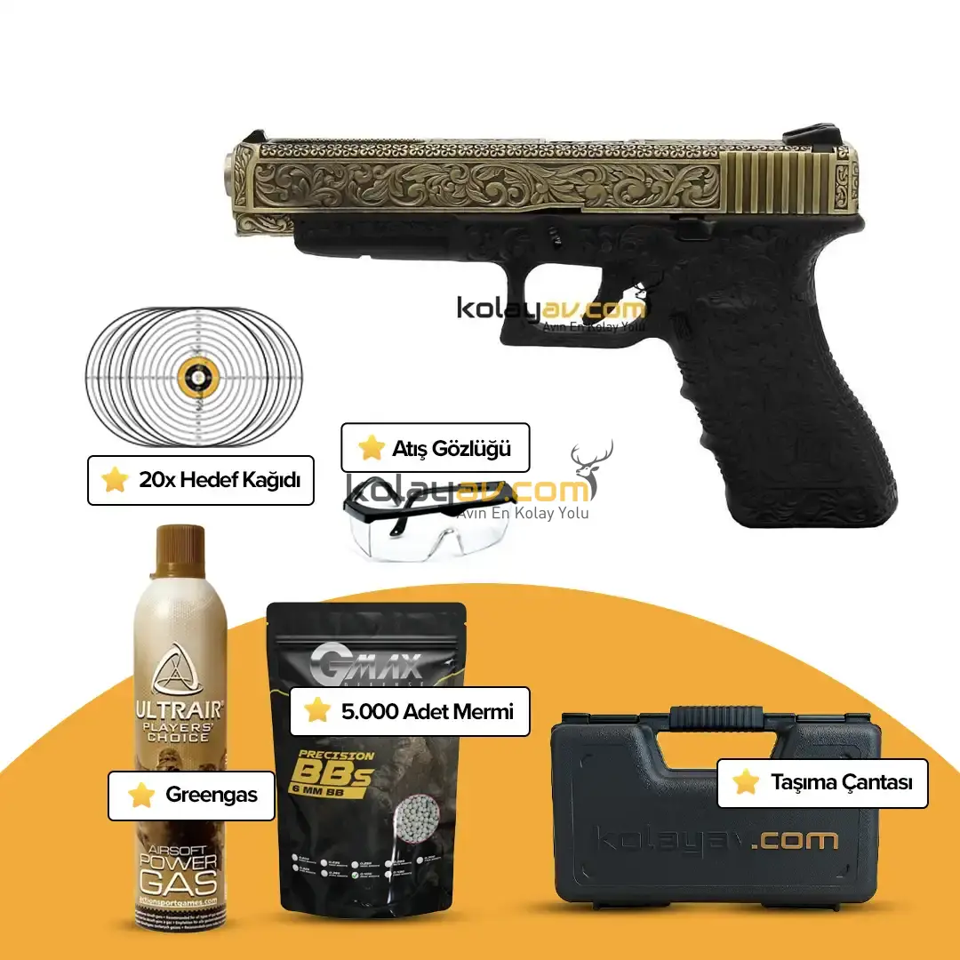 WE Glock 34 Ivory Gravürlü Blowback Airsoft Tabanca (Greengas)