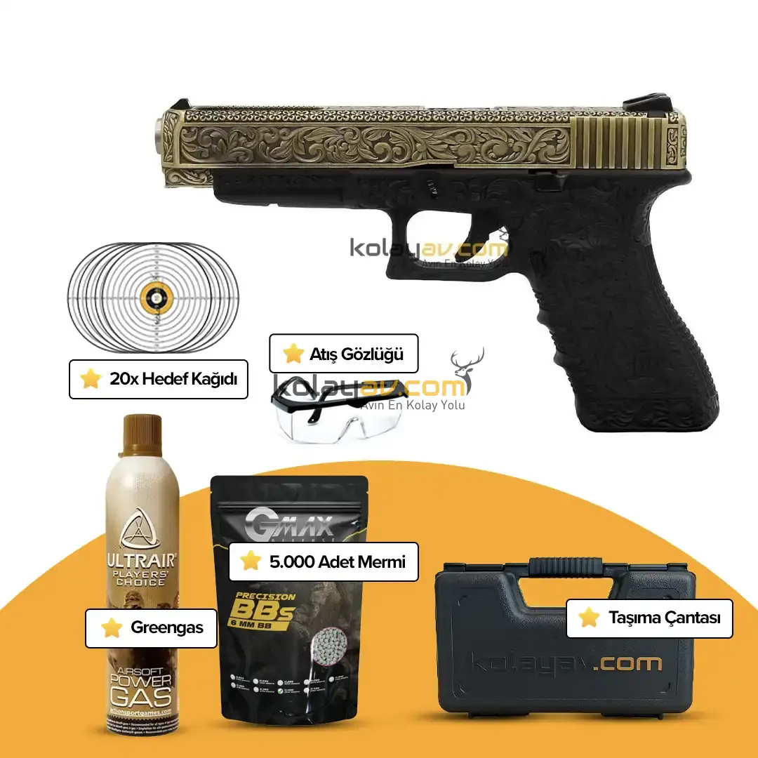 WE Glock 34 Ivory Gravürlü Blowback Airsoft Tabanca (Greengas)