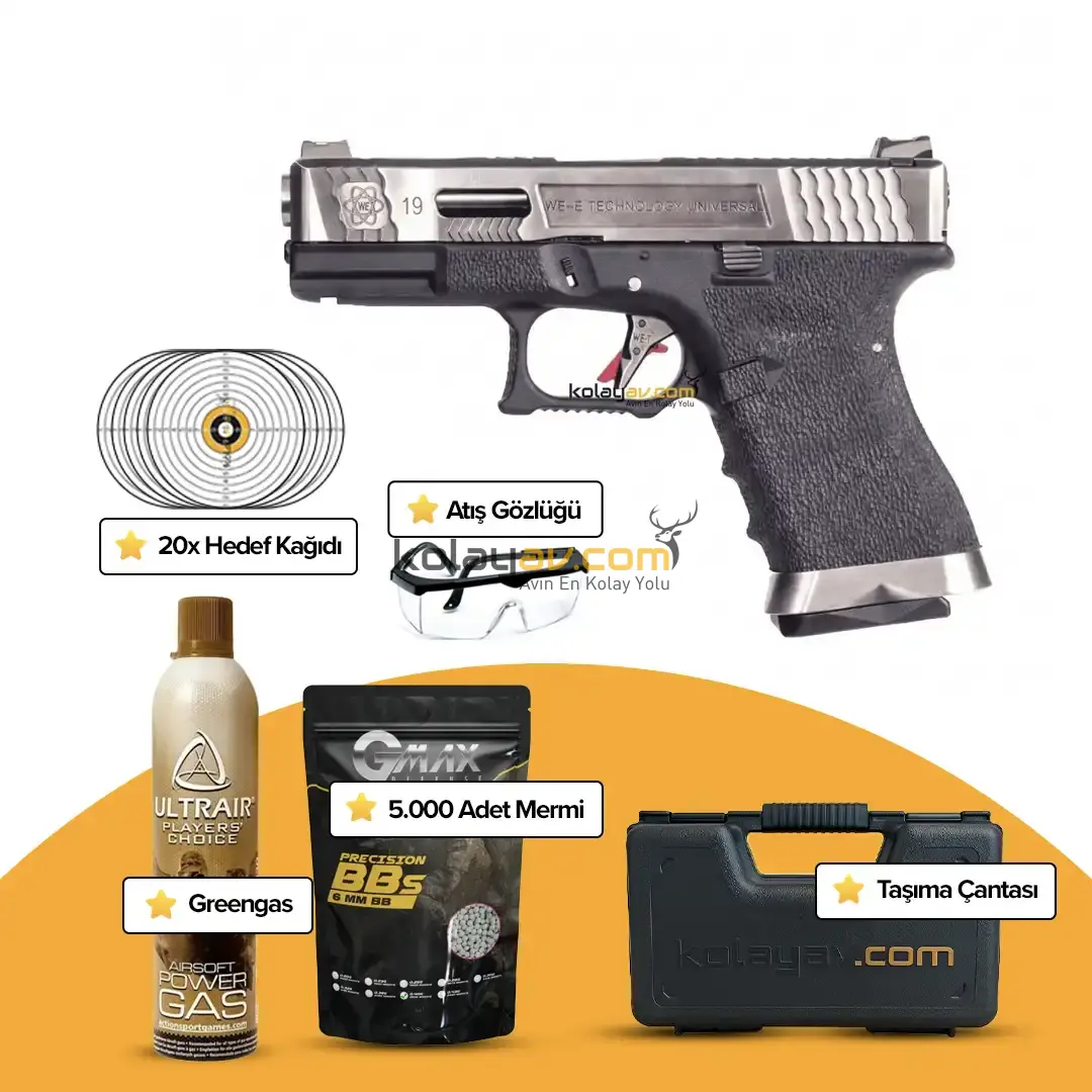 WE Glock 19 T1 Gümüş Blowback Airsoft Tabanca (Greengas)