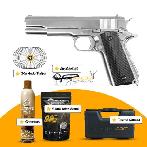 WE COLT 1911 Gümüş Klasik Siyah Kabza Blowback Airsoft Tabanca 6mm