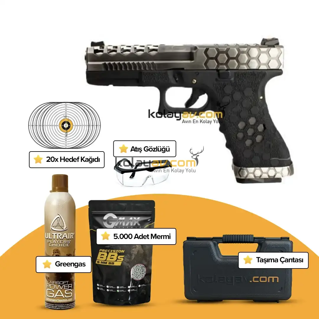 AW Custom Glock 17 HEX-CUT Gümüş Blowback Airsoft Tabanca (Greengas)