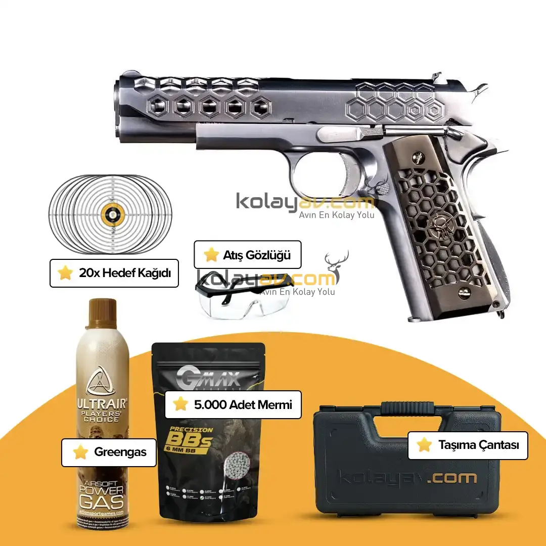WE 1911 Hex-Cut SV Gümüş Blowback Airsoft Tabanca (Greengas)