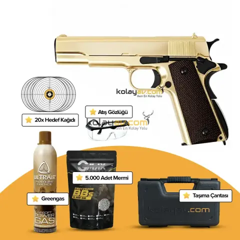 WE M1911 Full Metal 24K Altın Kaplı Blowback Airsoft Tabanca (Greengas)