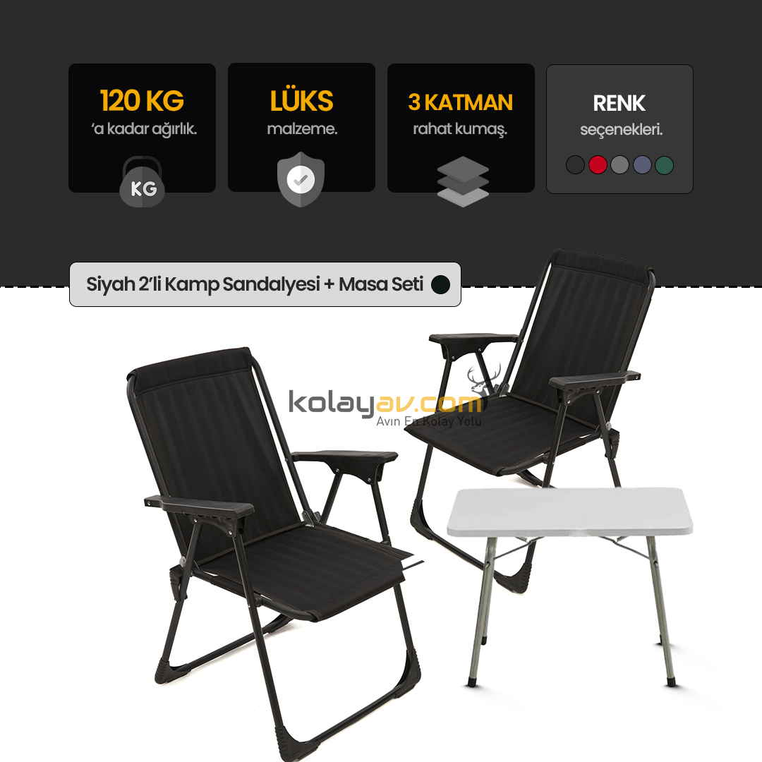Katlanır Kamp Sandalyesi 2 Adet Siyah - Masa Seti