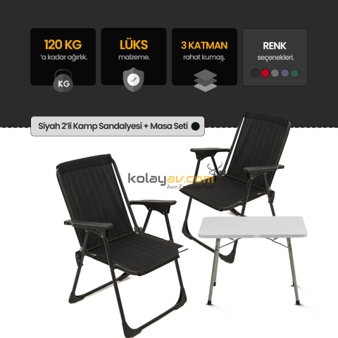 Katlanır Kamp Sandalyesi 2 Adet Siyah - Masa Seti