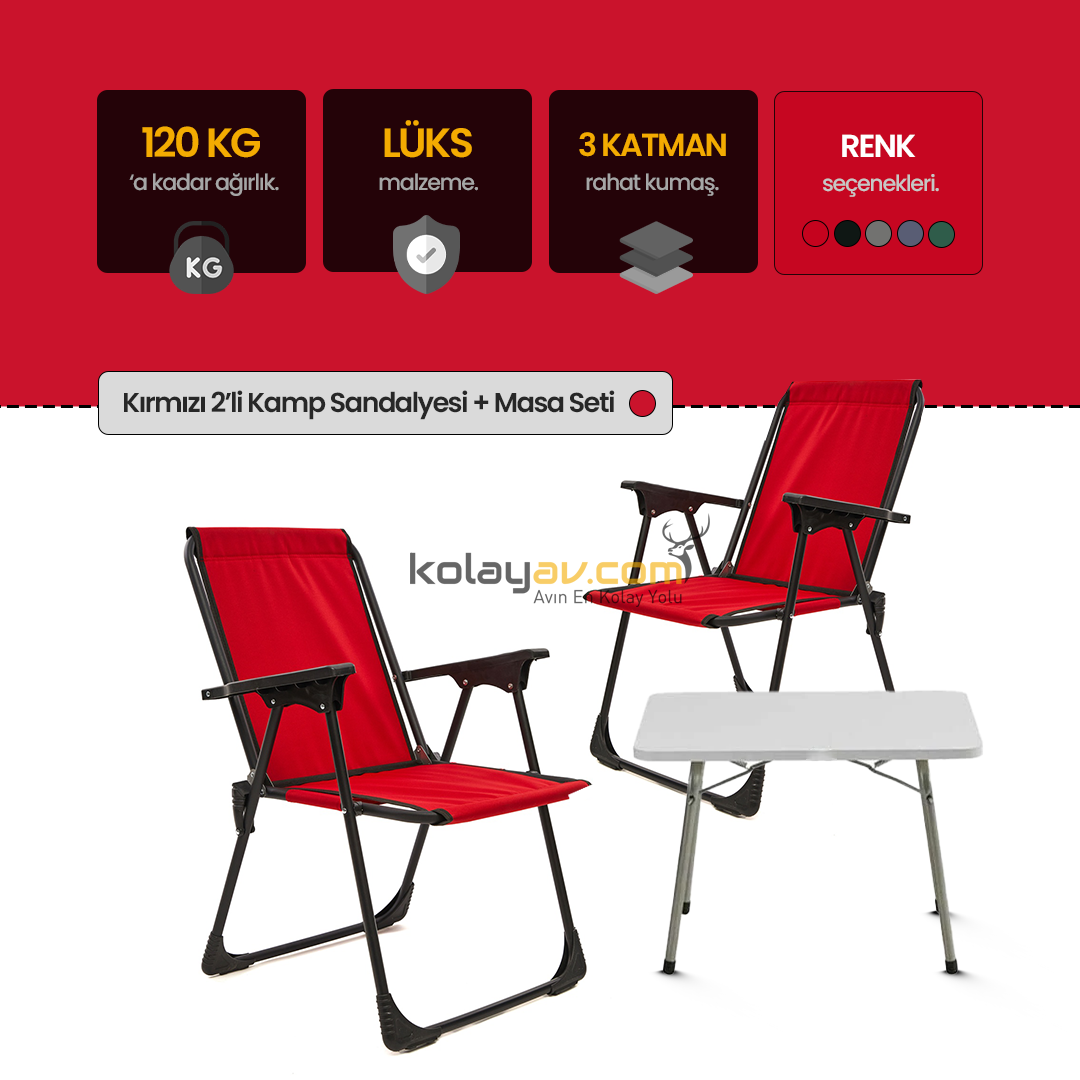 Katlanır Kamp Sandalyesi 2 Adet Kırmızı - Masa Seti
