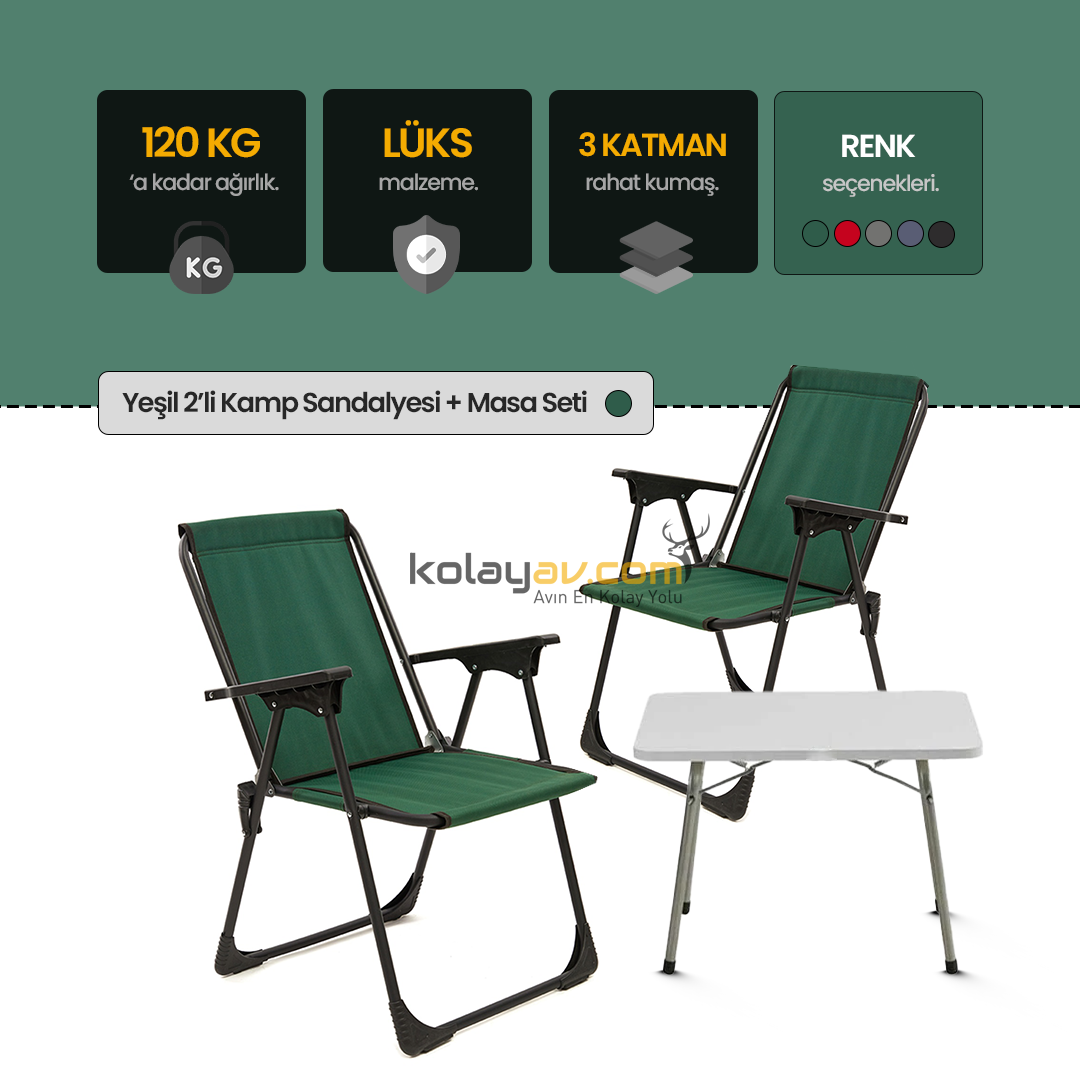 Katlanır Kamp Sandalyesi 2 Adet Yeşil - Masa Seti